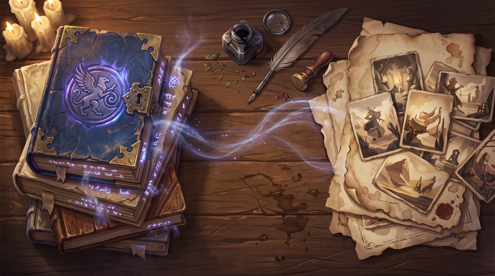 A griffin-crested tome closed with a brass lock, beside a quill, ink pot, wax seal and a spread of aged concept cards