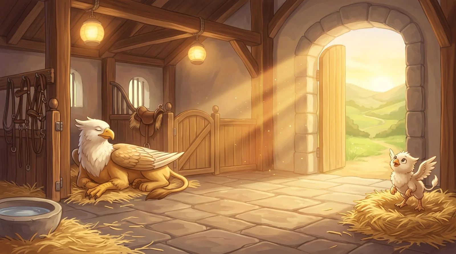 Inside a Griffin Hold — a grown griffin resting on straw while a hatchling watches from the next stall, the door open onto the hills beyond