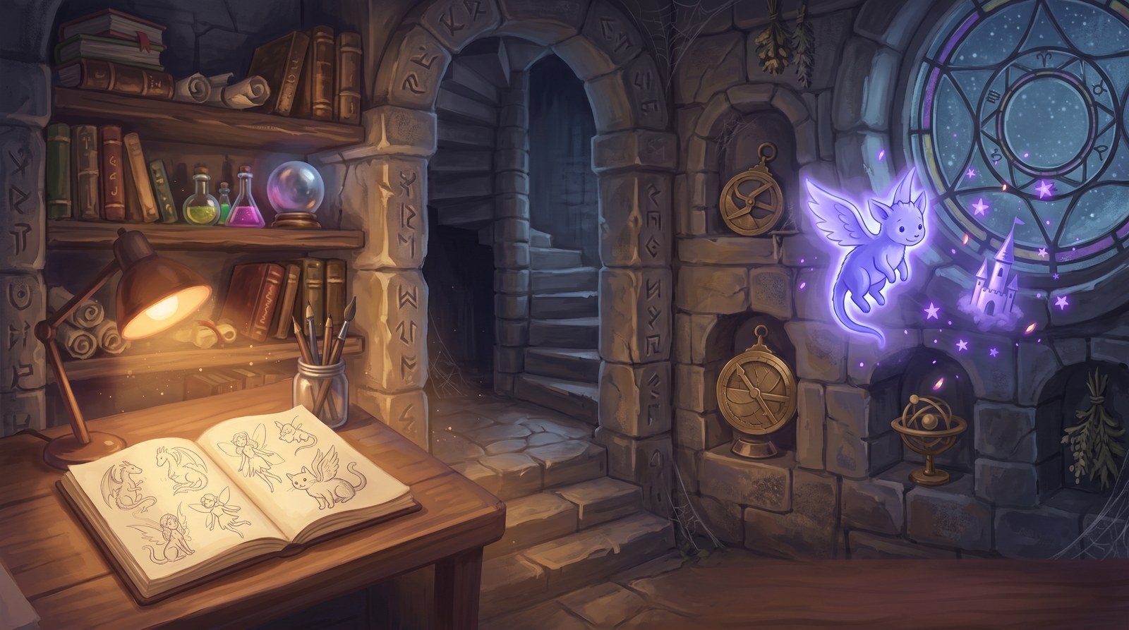 A candlelit workshop: an open sketchbook of creature drawings under a desk lamp, shelves of books and potions, and a glowing winged familiar by a stained-glass window
