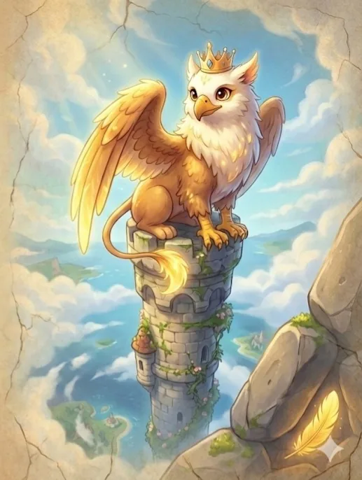 A crowned royal griffin perched atop a sea-tower, wings spread over the flying isles of Kaedral