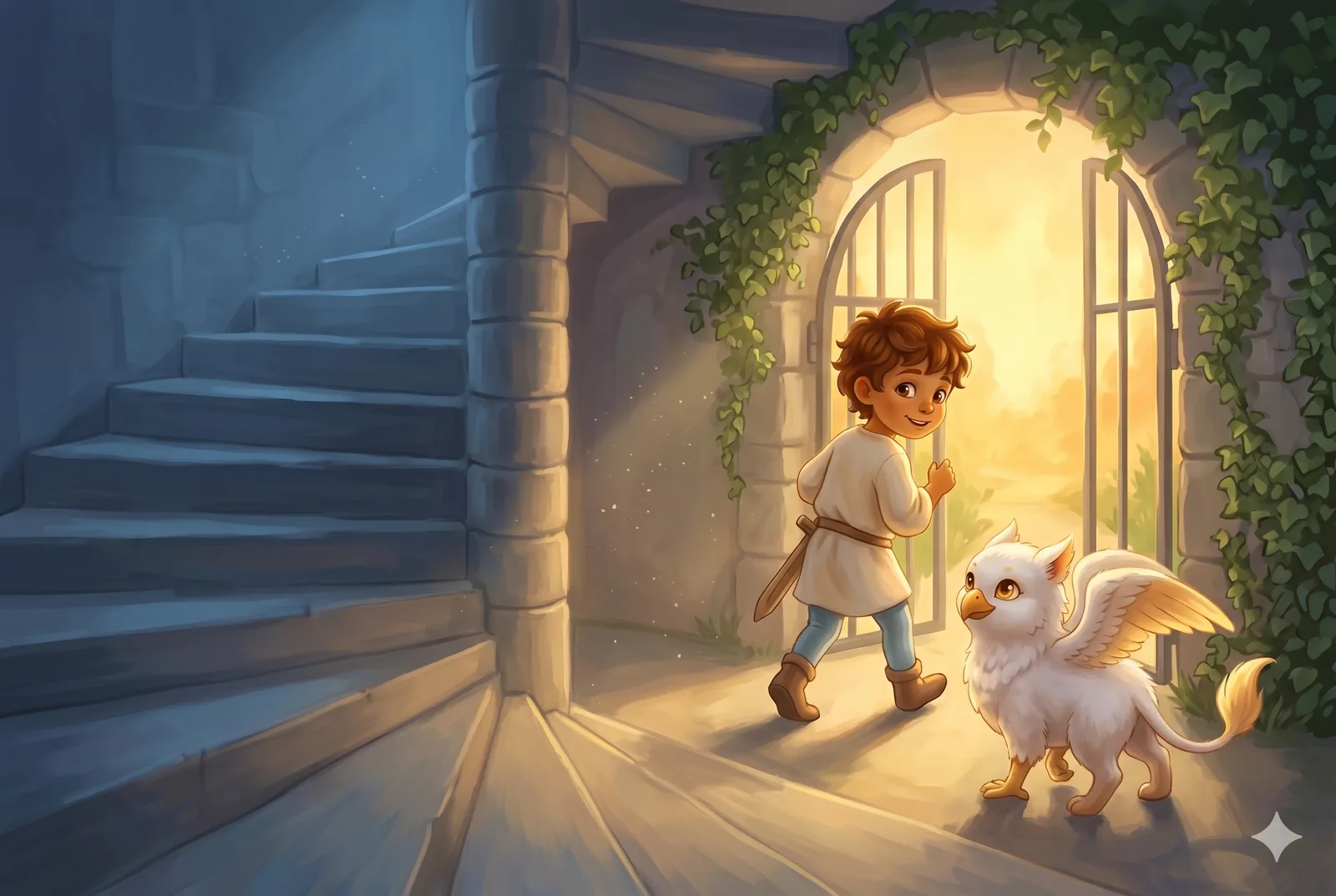 A child and a baby griffin at a glowing garden archway at dusk