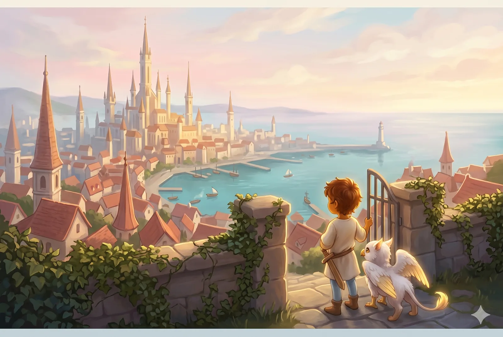 Sunny Kaedral — Prince Adam and his griffin Solara looking out over the castle city and harbor