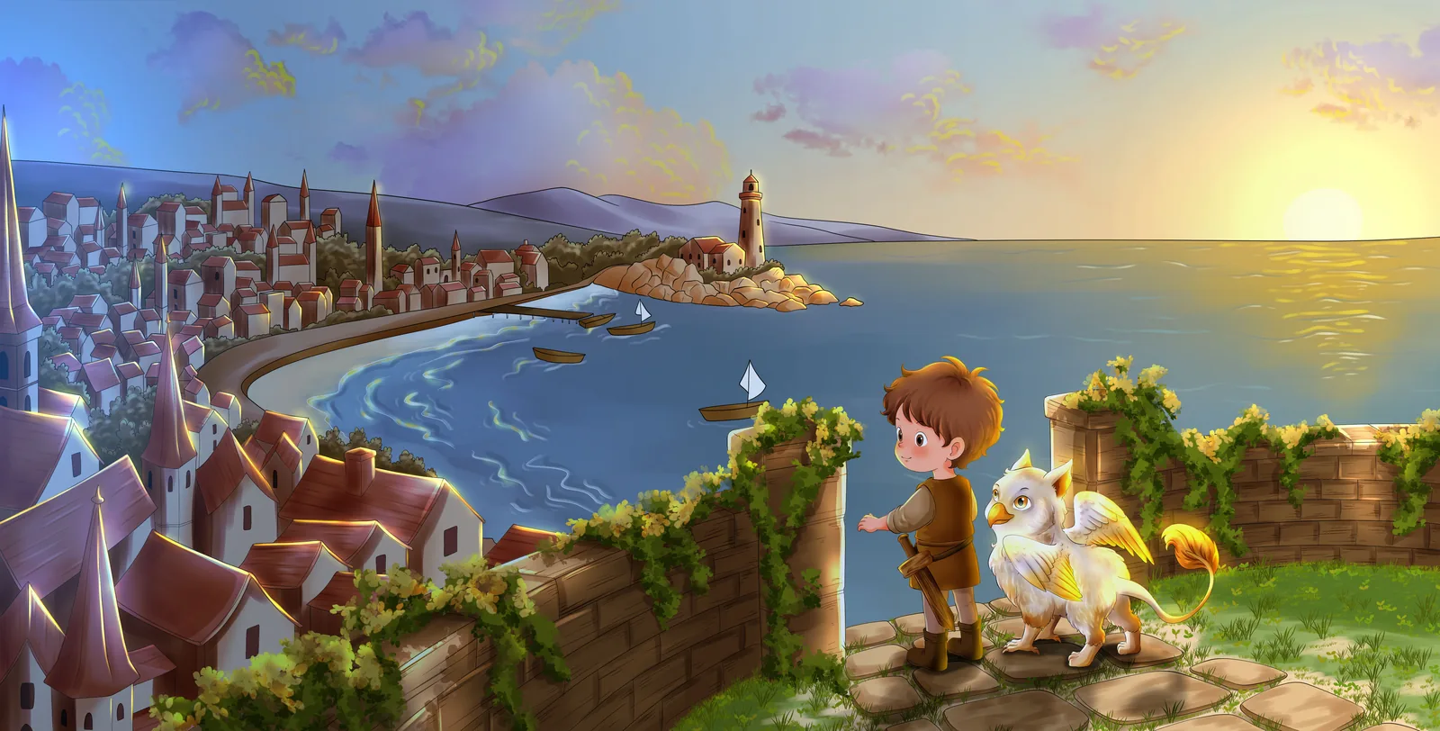 Bedtime Tales — Prince Adam and Solara watching the sunset over the bay
