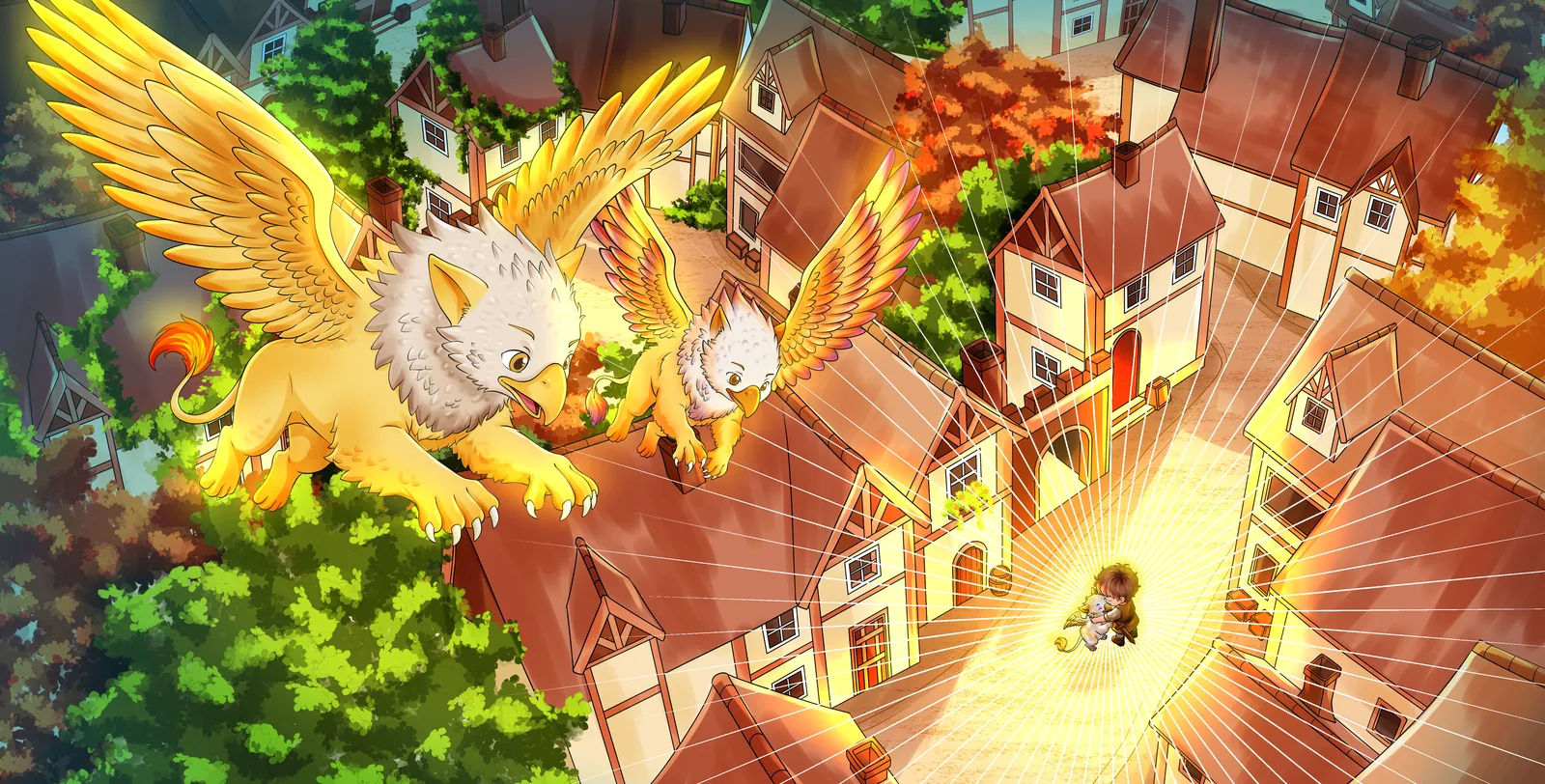 Griffins glide over the sunlit rooftops of Kaedral as a child greets a griffin cub in a beam of light