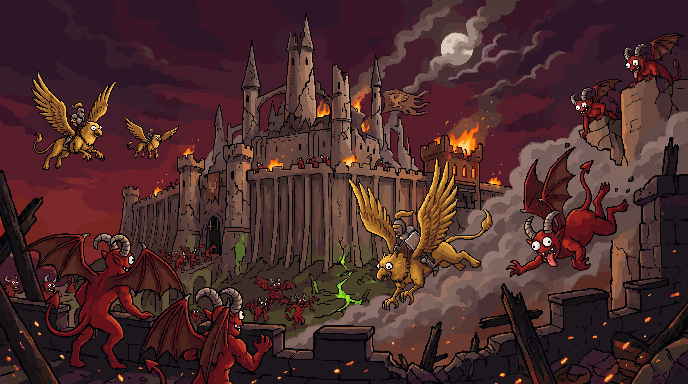A night siege of Stormhold — a griffin rider dives past the burning castle as red demons storm the walls
