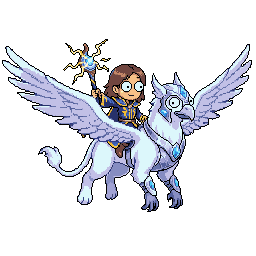 Kaya, the Sorceress, on a frost-white griffin calling lightning