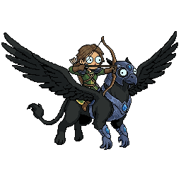 Tereza, the Ranger, on a shadow-black griffin drawing her bow