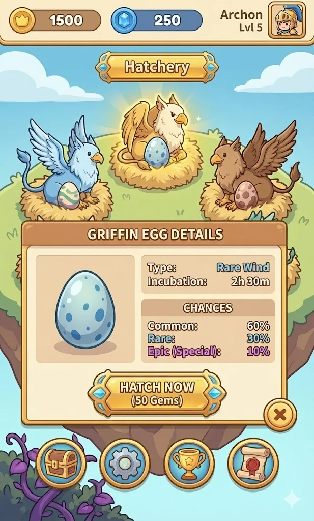 Hatchery screen with a griffin-egg details popup