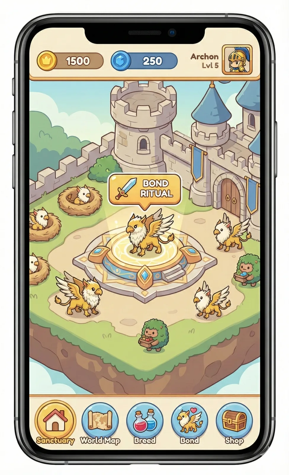 The sanctuary home screen — nests, the Bond Ritual altar, and a resource bar, shown on a phone