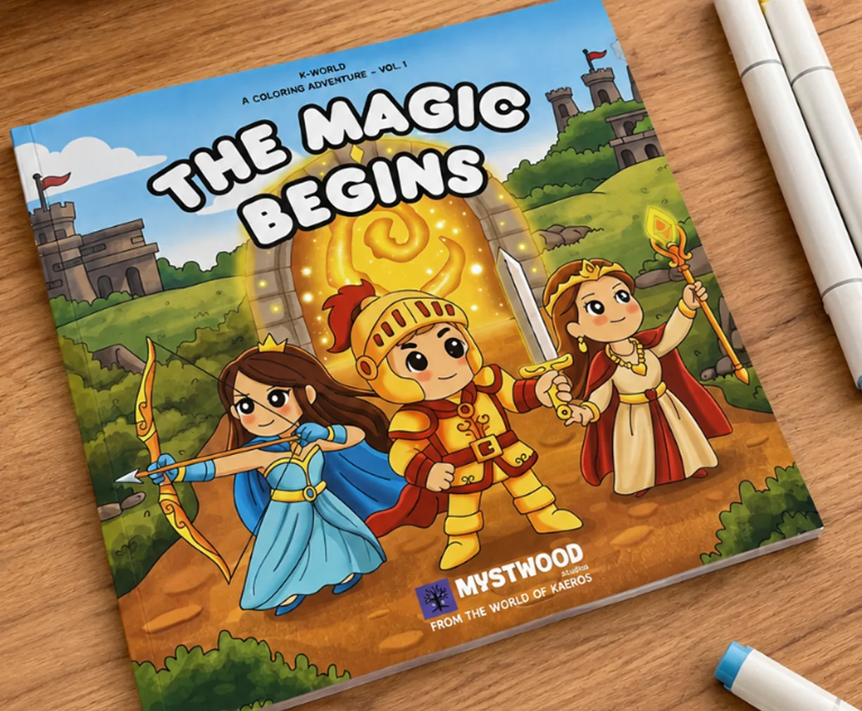 The book "The Magic Begins" lying on a wooden table beside felt-tip pens: a knight in golden armor, a princess with a bow and a crowned young royal with a scepter stand in front of a glowing golden gate.