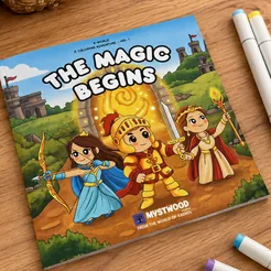 The book "The Magic Begins" lying on a wooden table beside felt-tip pens: a knight in golden armor, a princess with a bow and a crowned young royal with a scepter stand in front of a glowing golden gate.
