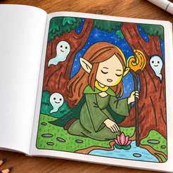 The book open on a wooden table, the right page colored in with markers: an elf with long auburn hair kneels by a forest pond at night, holding a glowing staff, with three small smiling ghosts around her and a pink water lily in the water.
