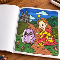 The book open on a wooden table, the right page colored in with markers: a crowned girl in a red and yellow gown holds out her hand to a small purple fluffy creature that is crying, on a path leading to a castle.