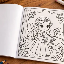 The book open on a wooden table, the right page still uncolored: black outlines of a smiling elf girl with a leaf crown and long hair, holding a flower-topped staff in a forest.