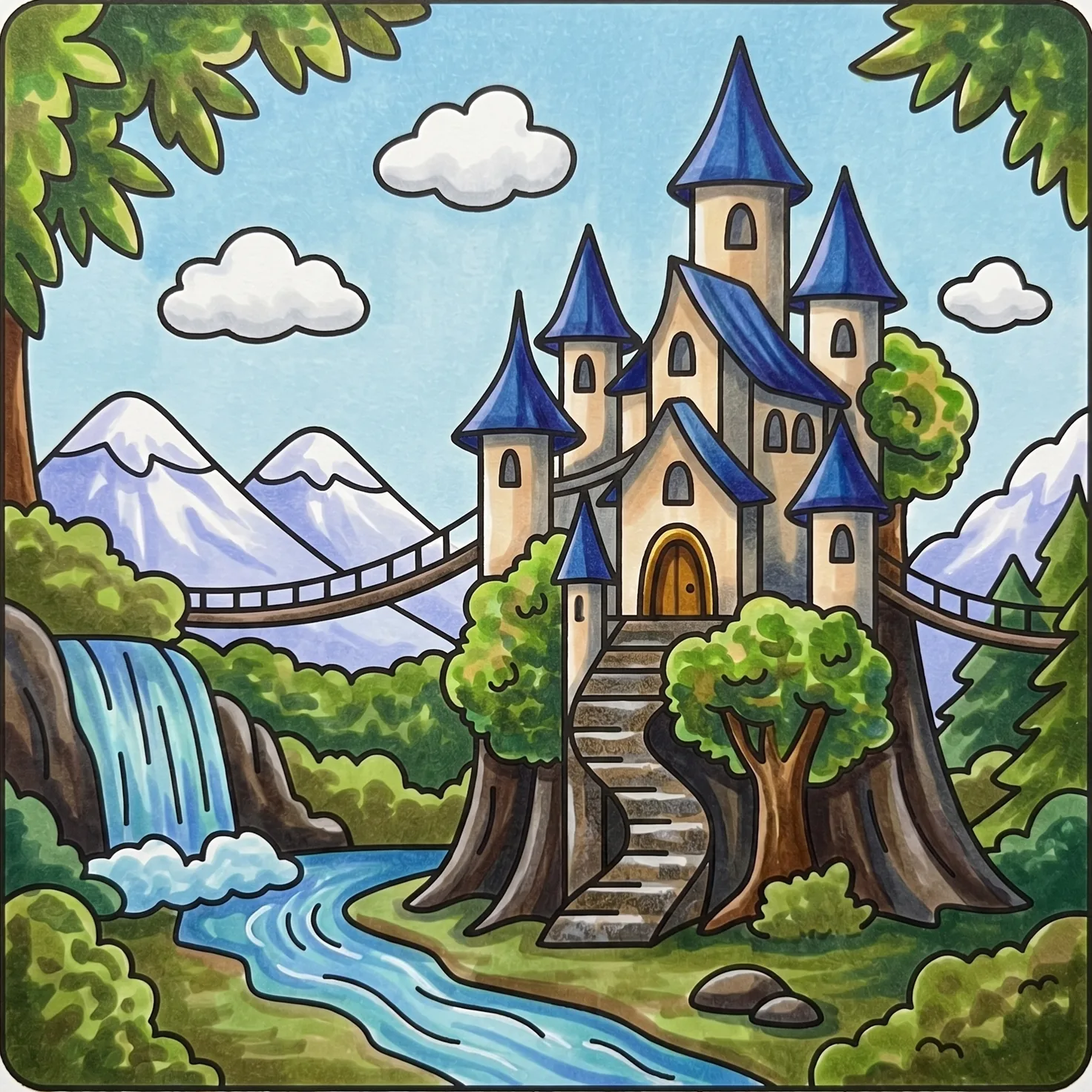 A fairy-tale castle above a waterfall, ringed by forest and mountains — the world of Kaedral