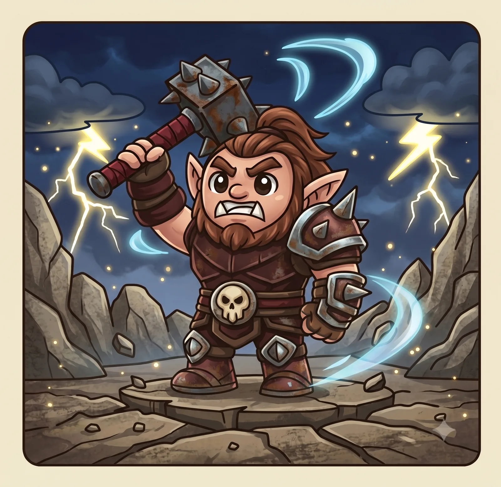 A coloring page — a warrior raising a spiked warhammer under lightning