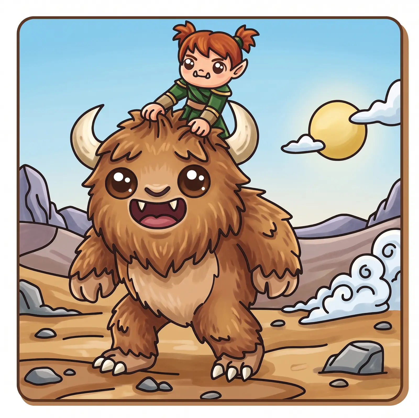 A coloring page — a child riding on the shoulders of a friendly horned beast