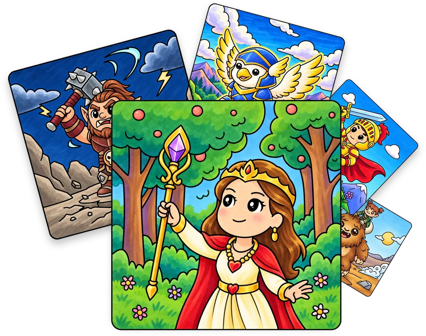 A fan of five colored pages from the book: a crowned young royal raising a scepter in an orchard, a warrior raising a spiked hammer under lightning, an armored griffin in flight, a knight raising his sword, and a child riding on a friendly furry beast.
